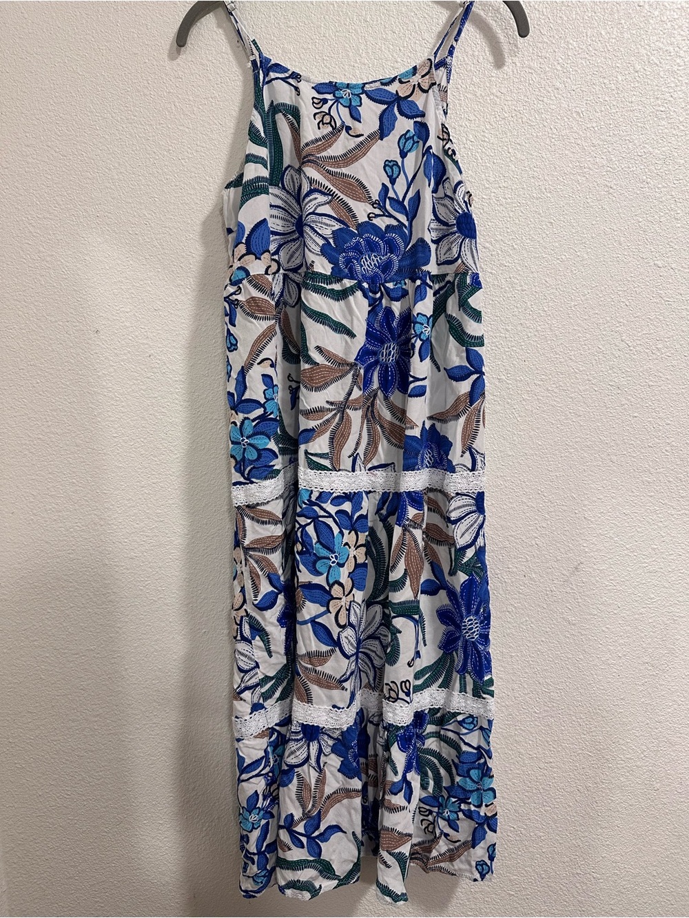 Blue Floral Tiered Maxi Dress with Spaghetti Straps